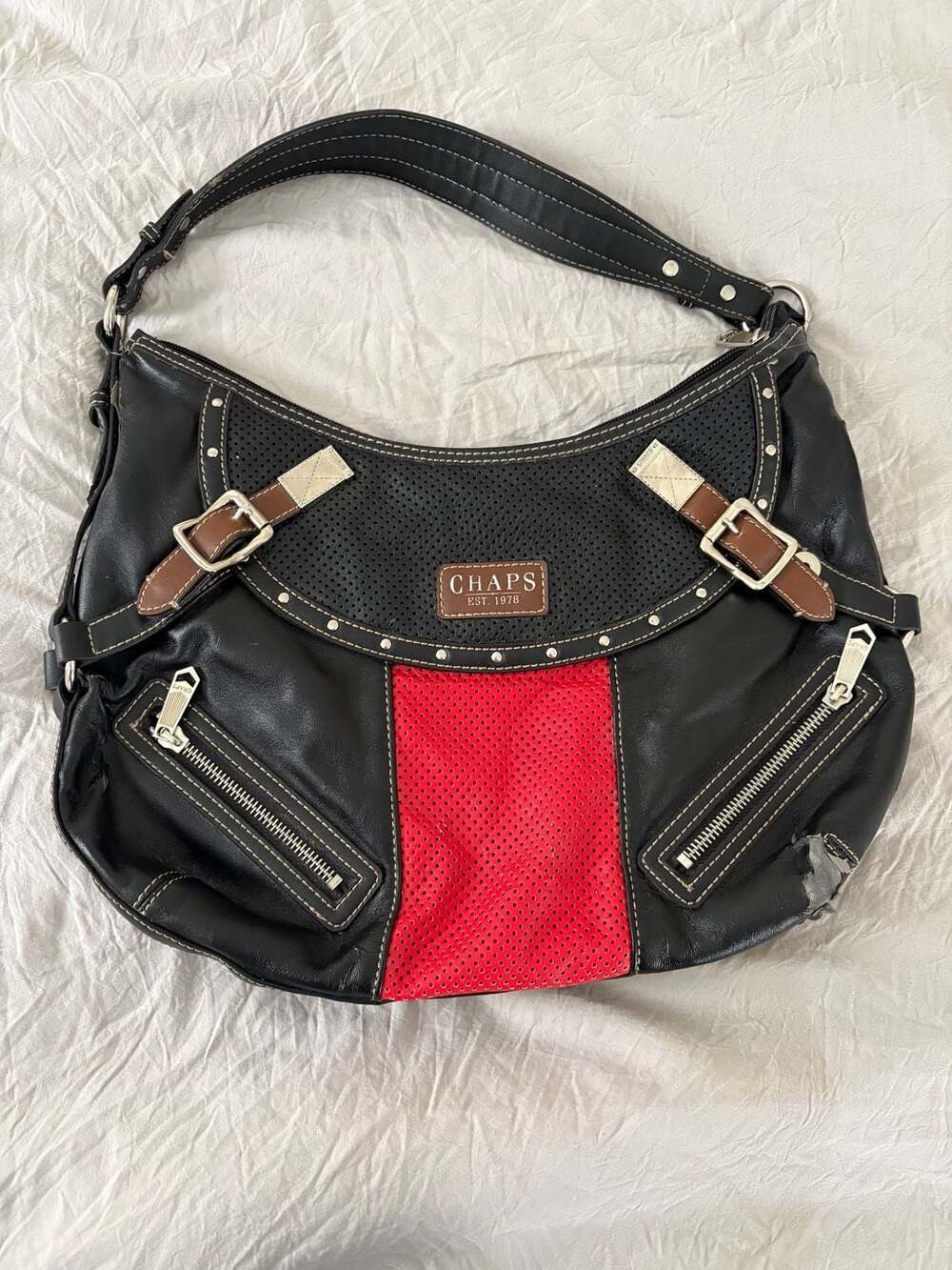 Chaps Black and Red Leather Shoulder Bag with Perforated Panel and Buckles